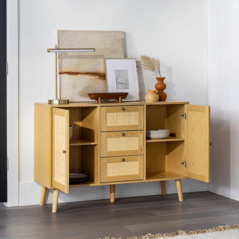 Boho 3 Drawer Solid Wood and Rattan Buffet Sideboard