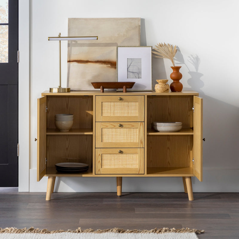 Boho 3 Drawer Solid Wood and Rattan Buffet Sideboard