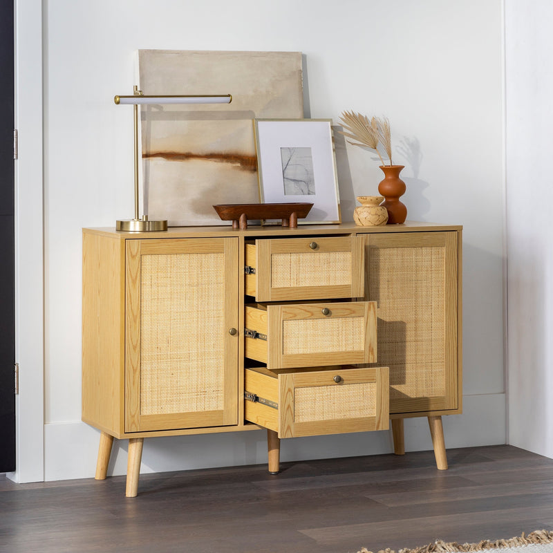 Boho 3 Drawer Solid Wood and Rattan Buffet Sideboard