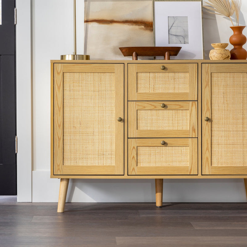 Boho 3 Drawer Solid Wood and Rattan Buffet Sideboard