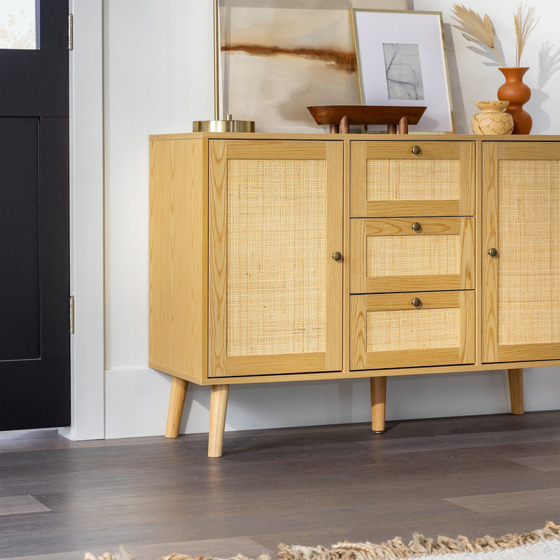 Boho 3 Drawer Solid Wood and Rattan Buffet Sideboard