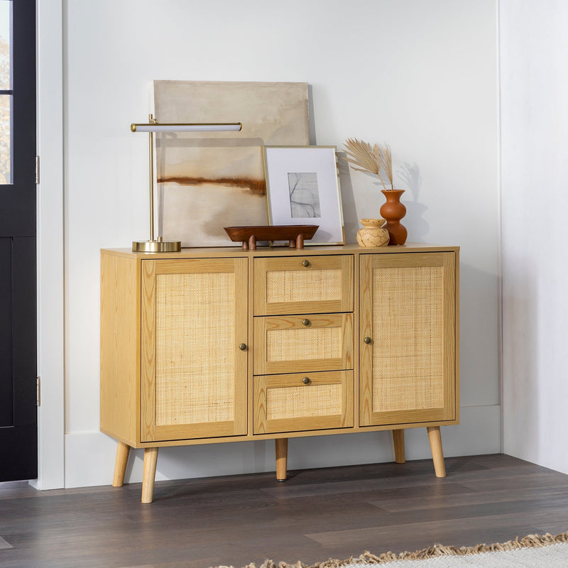 Boho 3 Drawer Solid Wood and Rattan Buffet Sideboard