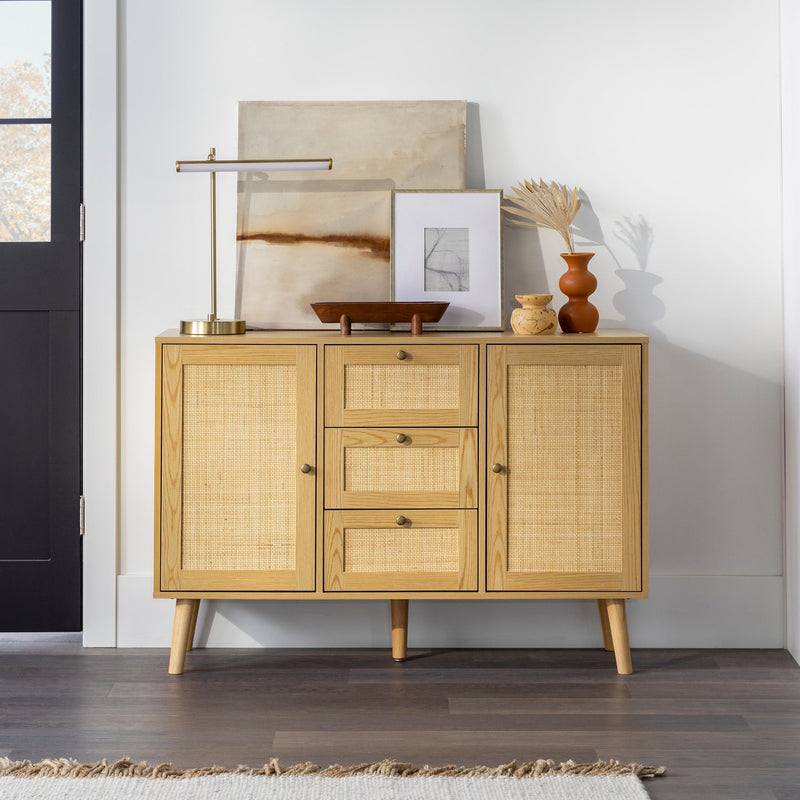 Boho 3 Drawer Solid Wood and Rattan Buffet Sideboard