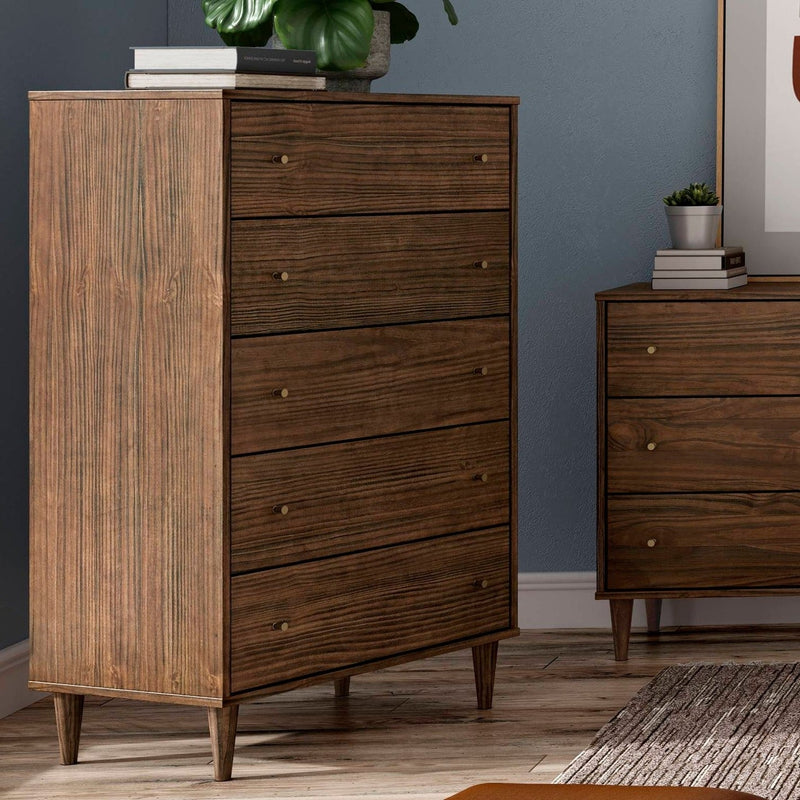 Farmhouse Rustic Walnut Mid Century 5 Drawer Chest, photo 4 of 5