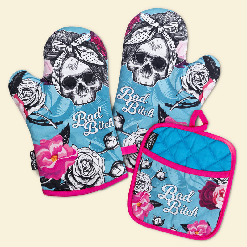 BB Flower Skull Oven Mitts And Potholder Set