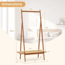 Bamboo Clothes Rack with Hanging Rod Rattan Shelf and Copper Hooks-Brown