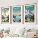 Set of 3 Travel Prints. Banff, Lake Tahoe, Mount Rainier Posters by Wall Art Set