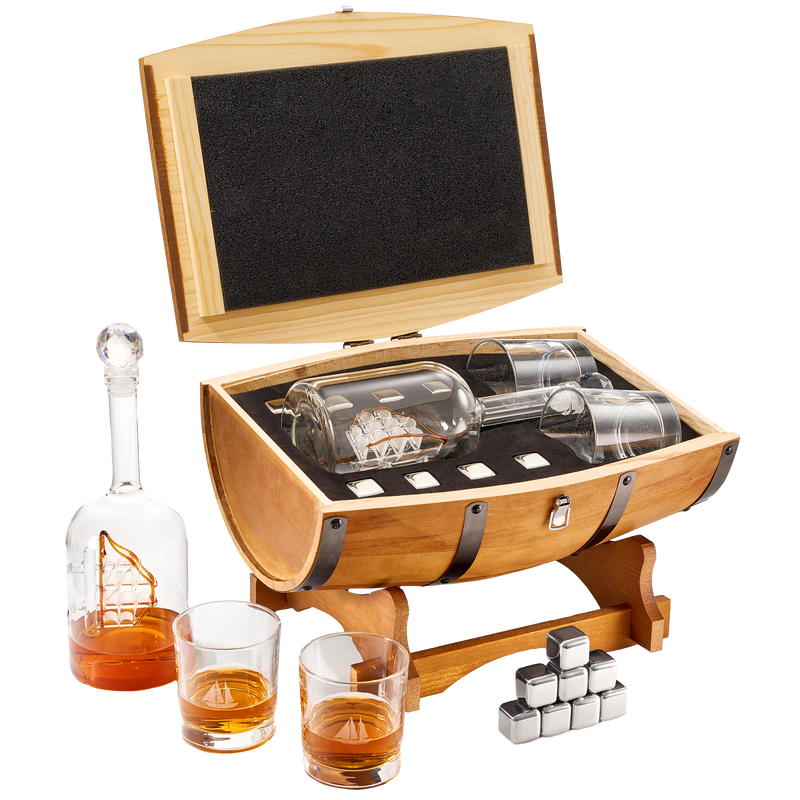 Large Display Whiskey & Wine Decanter with Antique Ship - Handcrafted Wood Barrel Storage - Wine Savant Decanters Gifts Set with 2 Glasses, & Drink Chiller Stones for Your Bar - 16" x 8" x 15"