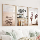 Boho Style Coastal Wall Decor. Good Vibes, Palm Trees, Surf by Wall Art Set