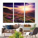 Beautiful Mountain Sunset Landscape with Purple Flowers