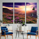 Beautiful Mountain Sunset Landscape with Purple Flowers