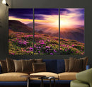 Beautiful Mountain Sunset Landscape with Purple Flowers