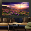 Beautiful Mountain Sunset Landscape with Purple Flowers
