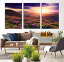 Beautiful Mountain Sunset Landscape with Purple Flowers