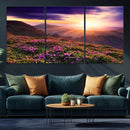 Beautiful Mountain Sunset Landscape with Purple Flowers