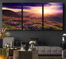 Beautiful Mountain Sunset Landscape with Purple Flowers