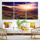 Beautiful Mountain Sunset Landscape with Purple Flowers