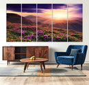 Beautiful Mountain Sunset Landscape with Purple Flowers