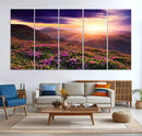 Beautiful Mountain Sunset Landscape with Purple Flowers