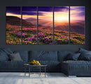 Beautiful Mountain Sunset Landscape with Purple Flowers