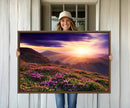 Beautiful Mountain Sunset Landscape with Purple Flowers