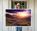 Beautiful Mountain Sunset Landscape with Purple Flowers