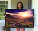 Beautiful Mountain Sunset Landscape with Purple Flowers