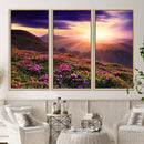 Beautiful Mountain Sunset Landscape with Purple Flowers