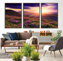 Beautiful Mountain Sunset Landscape with Purple Flowers
