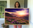 Beautiful Mountain Sunset Landscape with Purple Flowers