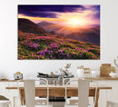 Beautiful Mountain Sunset Landscape with Purple Flowers