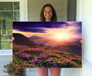 Beautiful Mountain Sunset Landscape with Purple Flowers