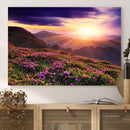 Beautiful Mountain Sunset Landscape with Purple Flowers