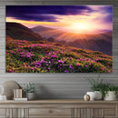 Beautiful Mountain Sunset Landscape with Purple Flowers
