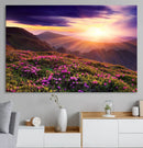 Beautiful Mountain Sunset Landscape with Purple Flowers