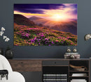 Beautiful Mountain Sunset Landscape with Purple Flowers