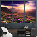 Beautiful Mountain Sunset Landscape with Purple Flowers