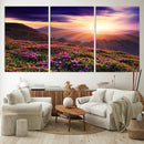 Beautiful Mountain Sunset Landscape with Purple Flowers