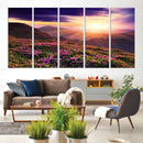 Beautiful Mountain Sunset Landscape with Purple Flowers
