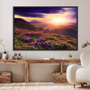 Beautiful Mountain Sunset Landscape with Purple Flowers