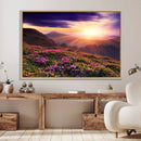 Beautiful Mountain Sunset Landscape with Purple Flowers