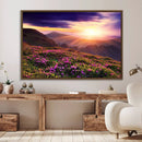 Beautiful Mountain Sunset Landscape with Purple Flowers