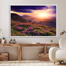 Beautiful Mountain Sunset Landscape with Purple Flowers