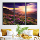 Beautiful Mountain Sunset Landscape with Purple Flowers