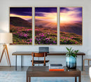 Beautiful Mountain Sunset Landscape with Purple Flowers