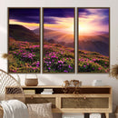 Beautiful Mountain Sunset Landscape with Purple Flowers