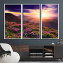 Beautiful Mountain Sunset Landscape with Purple Flowers