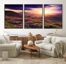 Beautiful Mountain Sunset Landscape with Purple Flowers