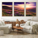Beautiful Mountain Sunset Landscape with Purple Flowers
