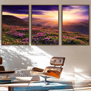 Beautiful Mountain Sunset Landscape with Purple Flowers